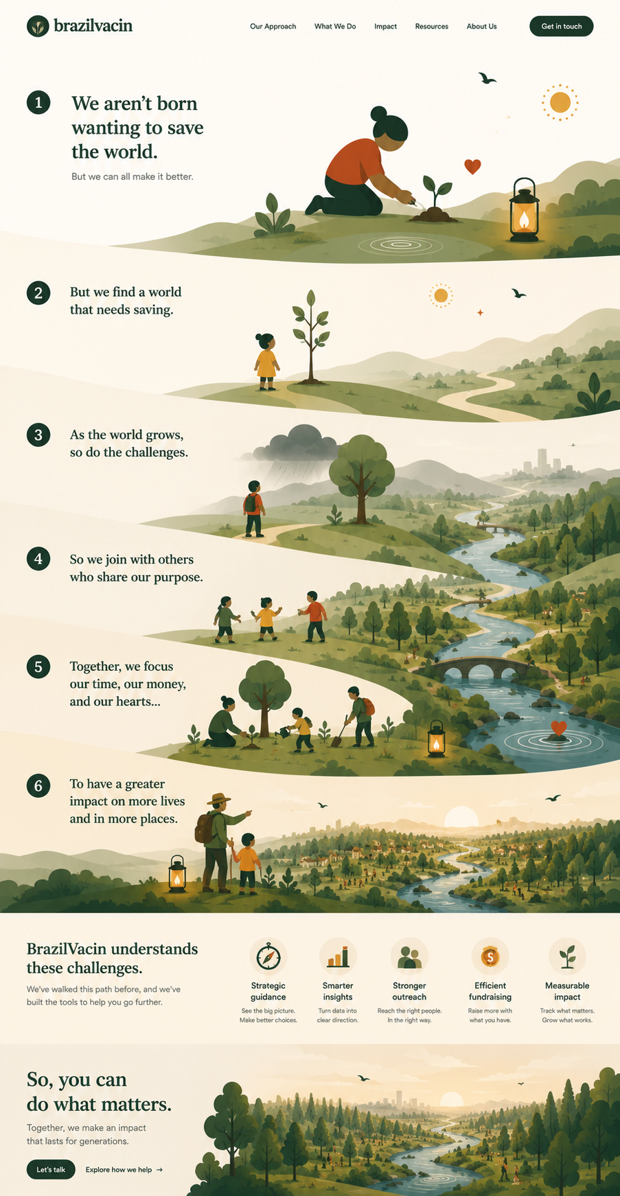 Illustrated BrazilVacin story showing a seedling growing into a forest as people join together, overcome challenges, and create broader impact.